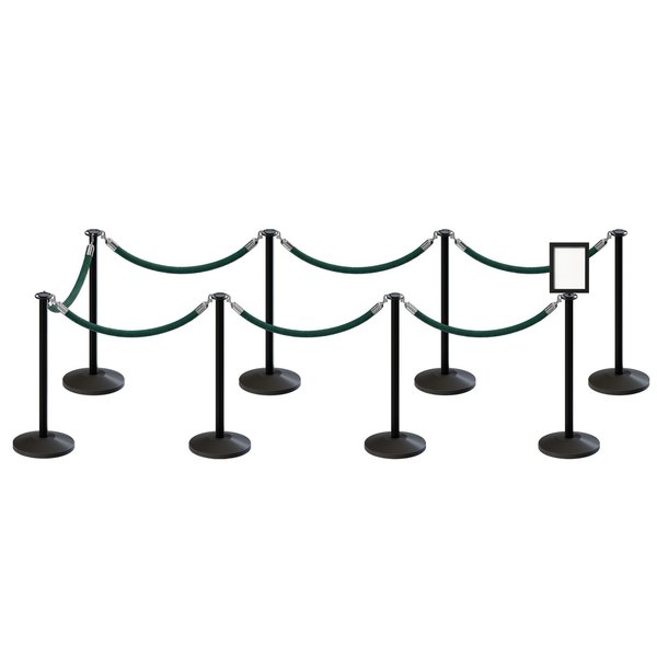 Montour Line Stanchion Post and Rope Kit Black, 8FlatTop 7Green Rope 8.5x11V Sign C-Kit-7-BK-FL-1-Tapped-1-8511-V-7-PVR-GN-PS